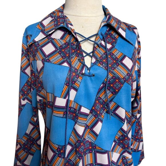 70s vintage pointed collar patchwork pattern top boho hippy 3/4 sleeve print. - Picture 2 of 8